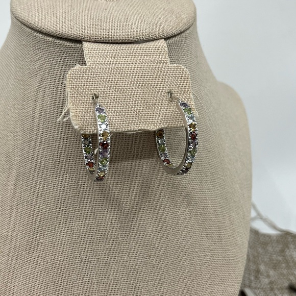 Vintage 925 Sterling Silver Multicolor Gemstone Hoop Earrings - Picture 7 of 16